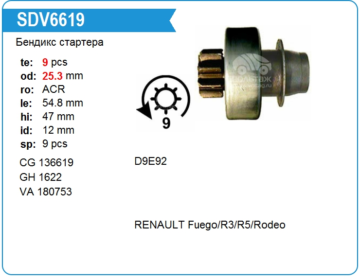 Бендикс стартера Valeo 180753 (136619)