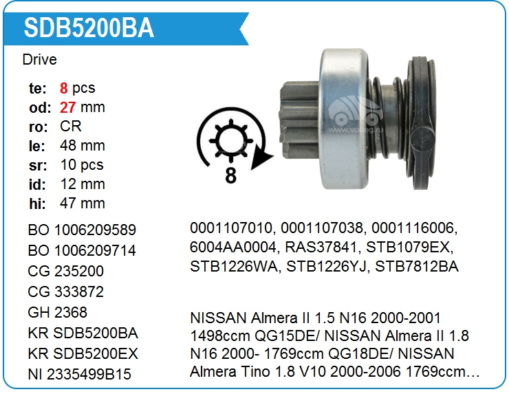 Бендикс стартера KRAUF SDB5200BA (on6004AA0004)