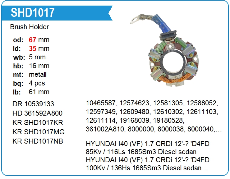 Щёткодержатель стартера Motorherz SHD1017WA (on12574623)