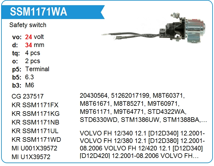 Втягивающее реле стартера маленькое Motorherz SSM1171WA (237517)