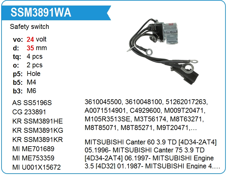 Втягивающее реле стартера маленькое Motorherz SSM3891WA (233891)