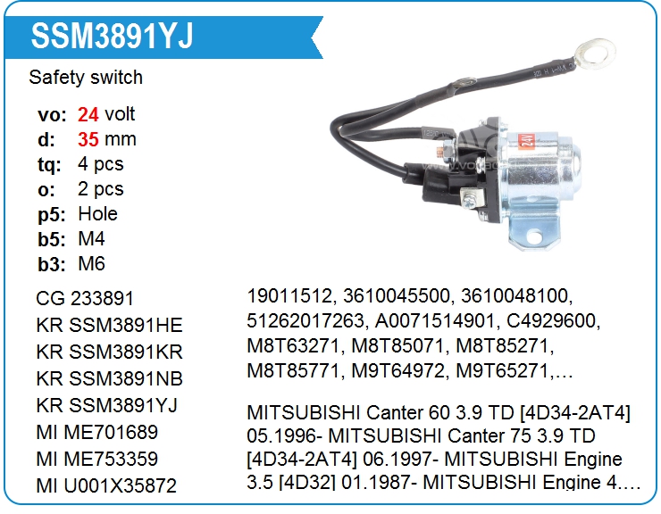 Втягивающее реле стартера маленькое KRAUF SSM3891YJ (233891)