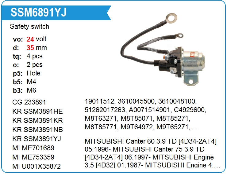 Втягивающее реле стартера маленькое KRAUF SSM6891YJ (onM8T62671)